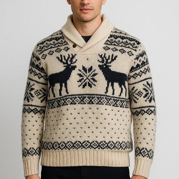 Ralph Lauren Men’s Large Sweater Cream Reindeer Winter Grandpa Cozy Classic - Picture 1 of 14